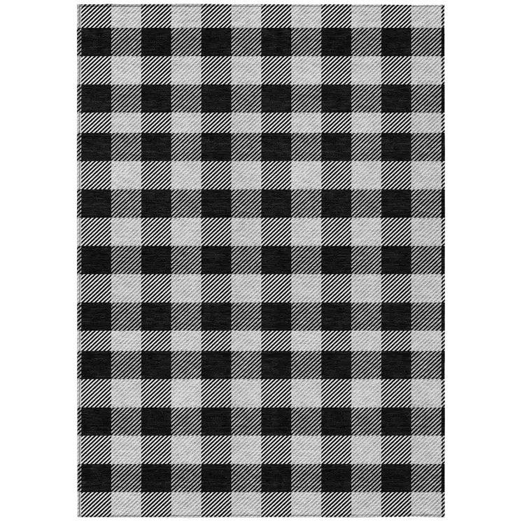 8' X 10' Black Gray And Ivory Plaid Washable Indoor Outdoor Area Rug