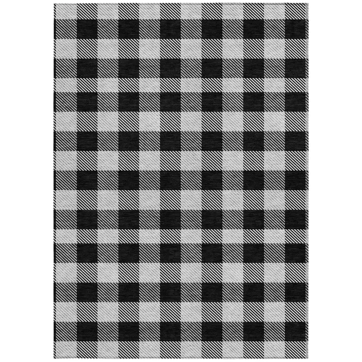 10' X 14' Black Gray And Ivory Plaid Washable Indoor Outdoor Area Rug