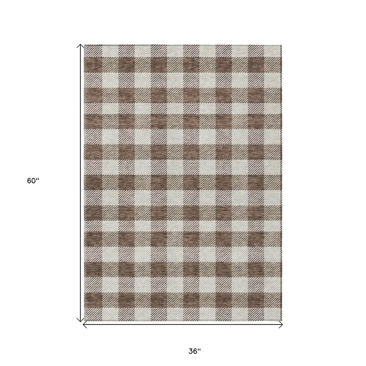 3' X 5' Brown And Beige Plaid Washable Indoor Outdoor Area Rug