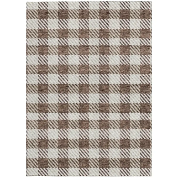 5' X 8' Brown And Beige Plaid Washable Indoor Outdoor Area Rug