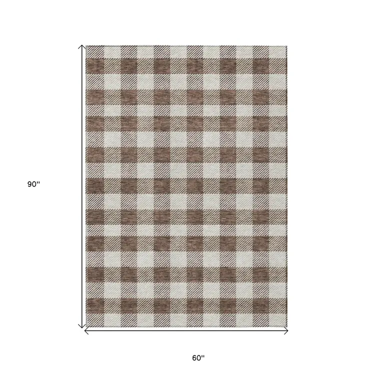 5' X 8' Brown And Beige Plaid Washable Indoor Outdoor Area Rug