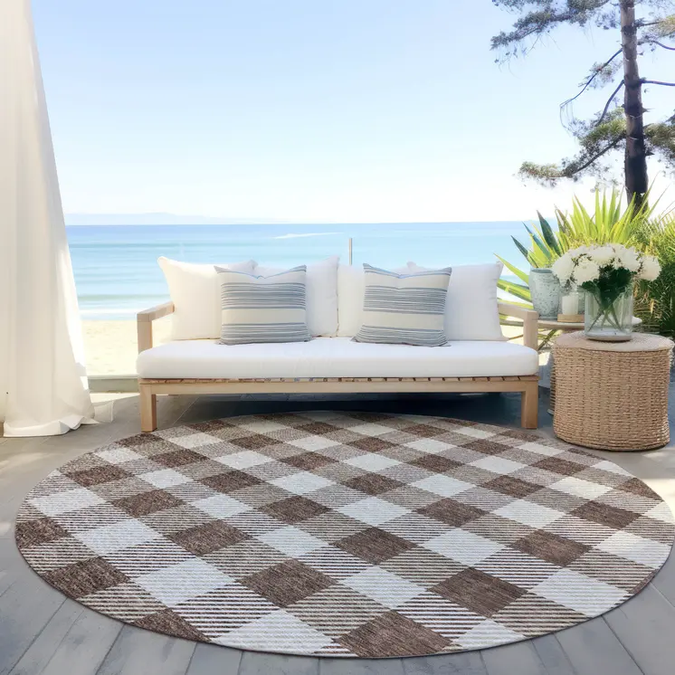 8' Brown And Beige Round Plaid Washable Indoor Outdoor Area Rug