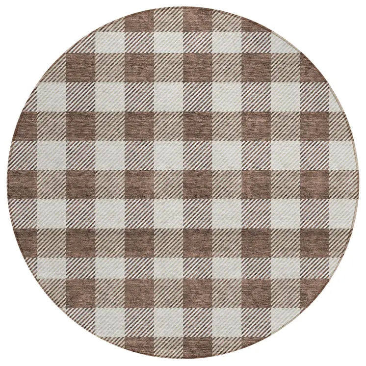 8' Brown And Beige Round Plaid Washable Indoor Outdoor Area Rug