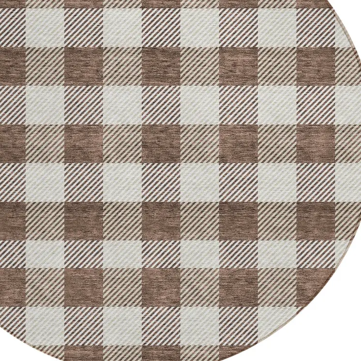 8' Brown And Beige Round Plaid Washable Indoor Outdoor Area Rug