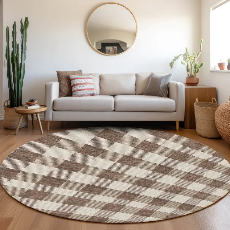 8' Brown And Beige Round Plaid Washable Indoor Outdoor Area Rug