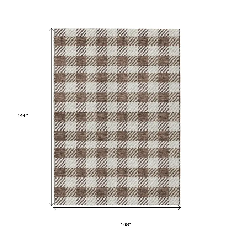 9' X 12' Brown And Beige Plaid Washable Indoor Outdoor Area Rug