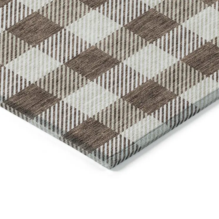 9' X 12' Brown And Beige Plaid Washable Indoor Outdoor Area Rug