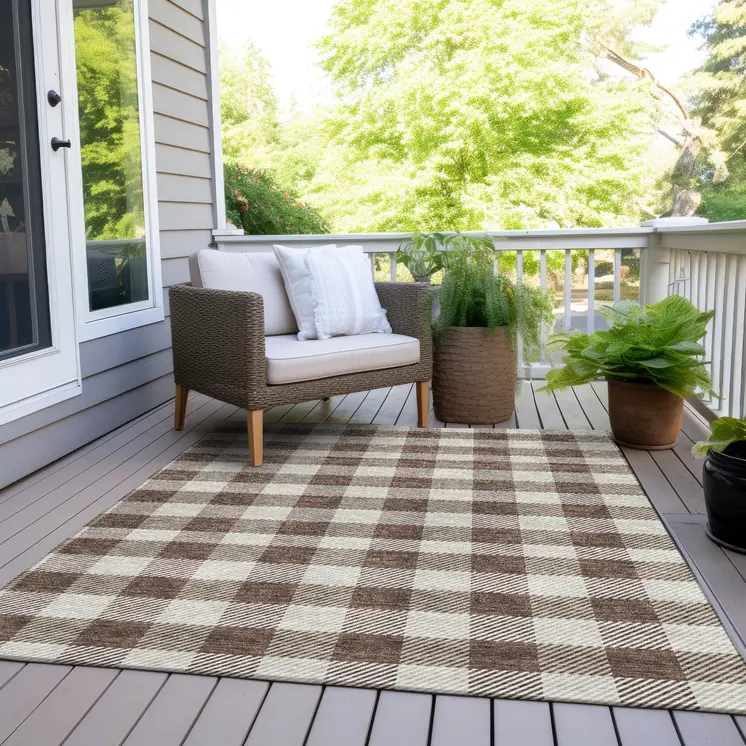 10' X 14' Brown And Beige Plaid Washable Indoor Outdoor Area Rug