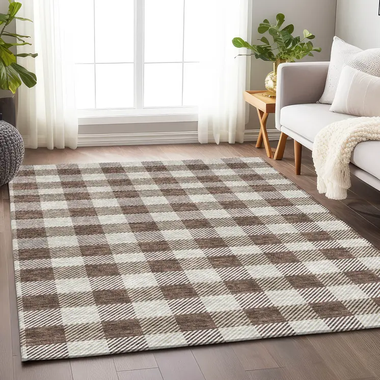 10' X 14' Brown And Beige Plaid Washable Indoor Outdoor Area Rug