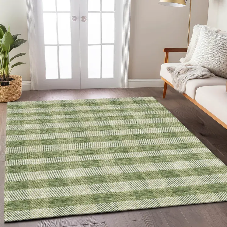 3' X 5' Green And Light Green Plaid Washable Indoor Outdoor Area Rug