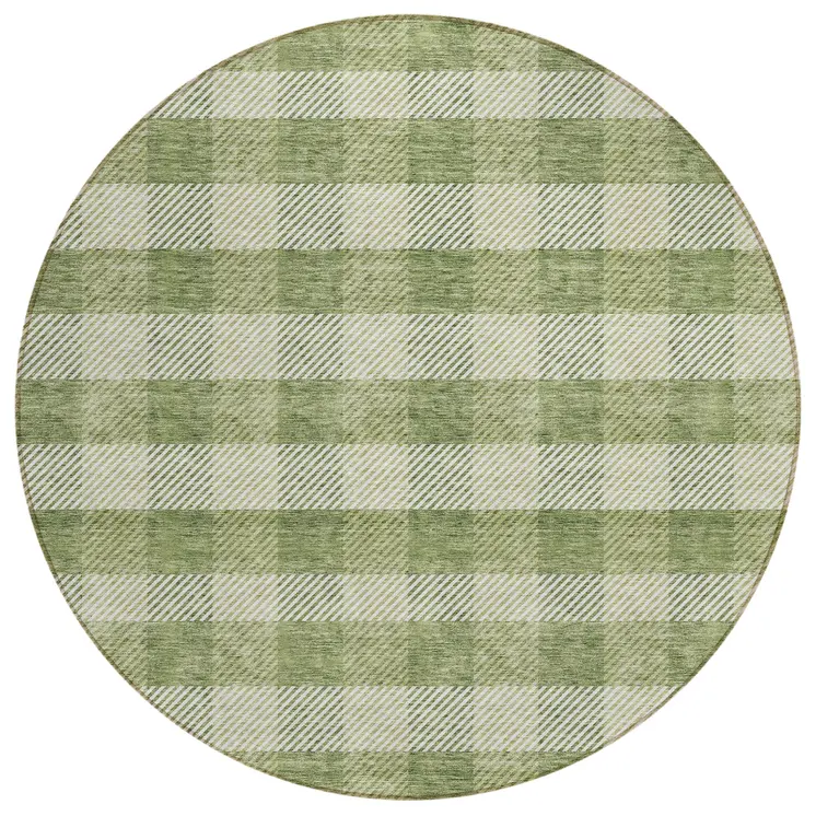 8' Green And Light Green Round Plaid Washable Indoor Outdoor Area Rug