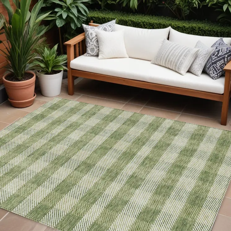 10' X 14' Green And Light Green Plaid Washable Indoor Outdoor Area Rug