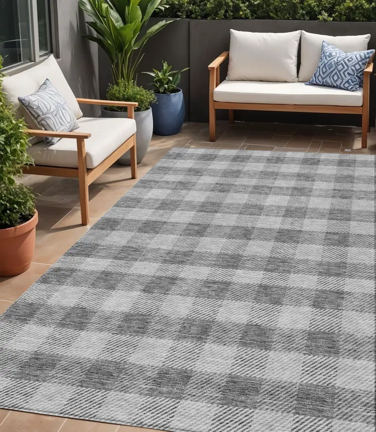 5' X 8' Gray And Charcoal Plaid Washable Indoor Outdoor Area Rug