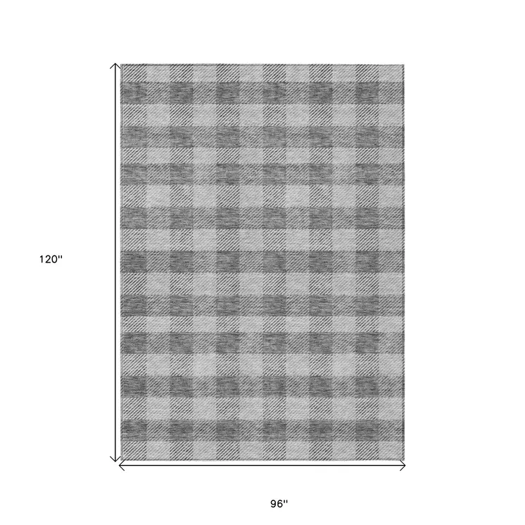 8' X 10' Gray And Charcoal Plaid Washable Indoor Outdoor Area Rug
