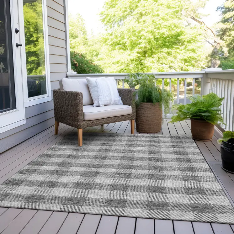 8' X 10' Gray And Charcoal Plaid Washable Indoor Outdoor Area Rug