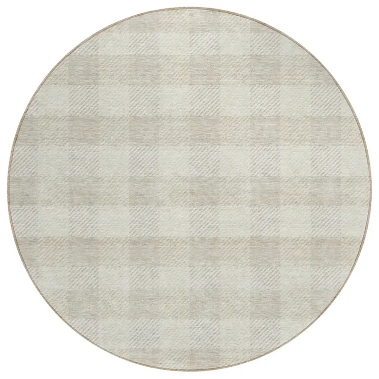 8' Ivory And Beige Round Plaid Washable Indoor Outdoor Area Rug