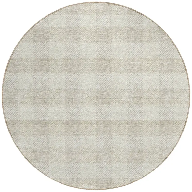 8' Ivory And Beige Round Plaid Washable Indoor Outdoor Area Rug