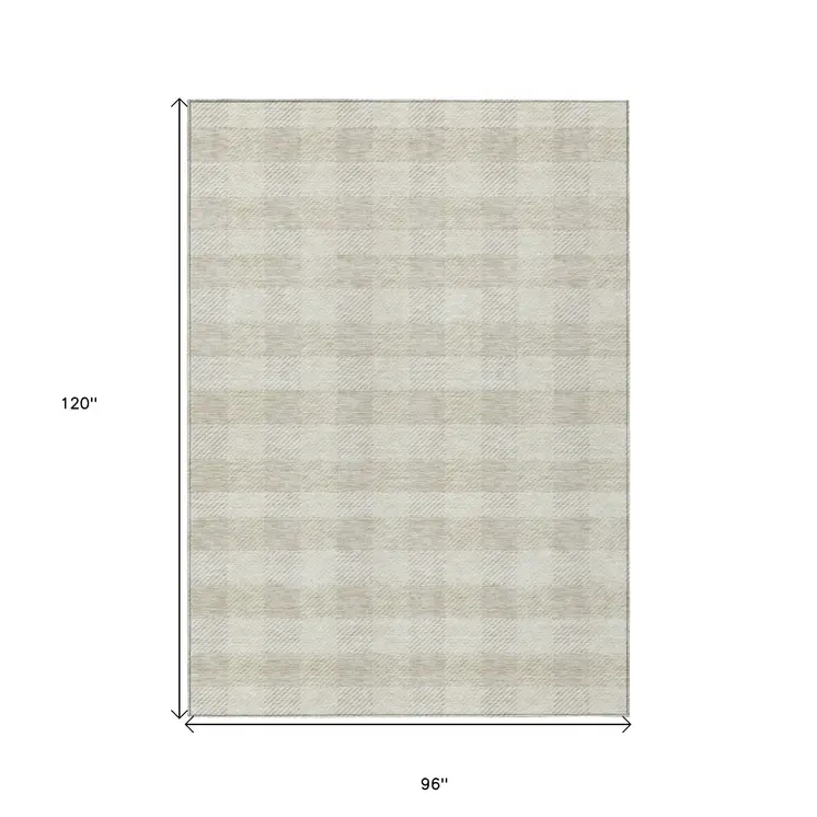 8' X 10' Ivory Plaid Washable Indoor Outdoor Area Rug