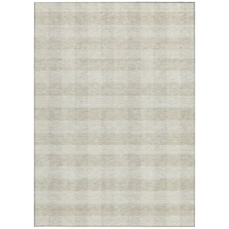 9' X 12' Ivory And Beige Plaid Washable Indoor Outdoor Area Rug