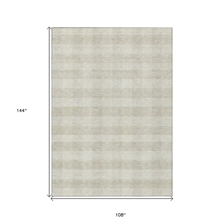 9' X 12' Ivory And Beige Plaid Washable Indoor Outdoor Area Rug