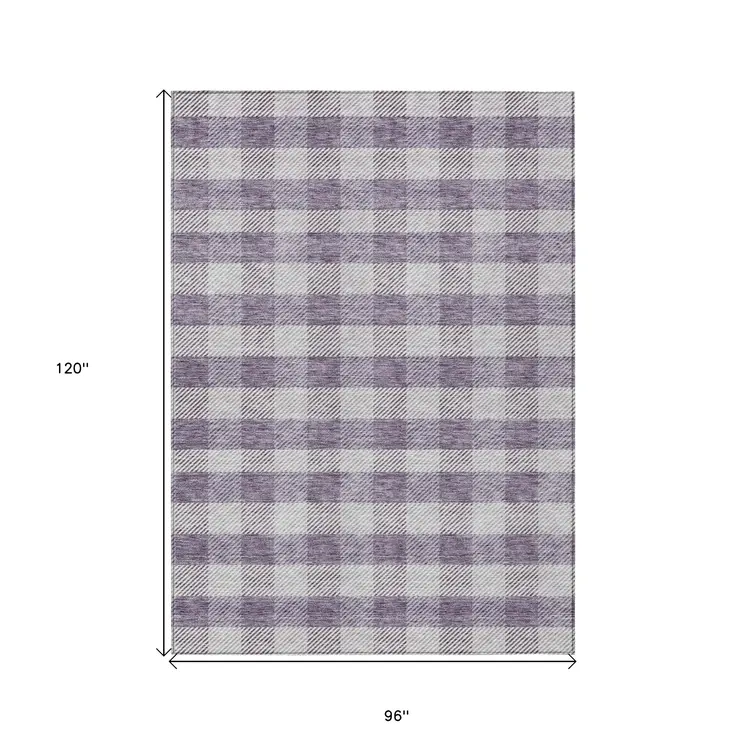 8' X 10' Lavender And Ivory Plaid Washable Indoor Outdoor Area Rug