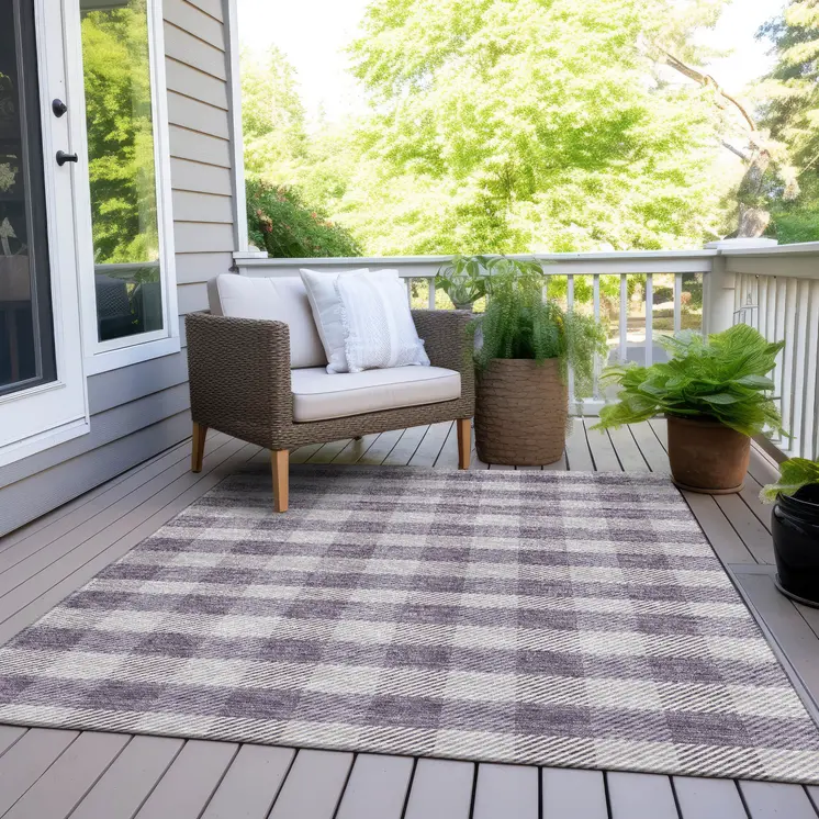 8' X 10' Lavender And Ivory Plaid Washable Indoor Outdoor Area Rug