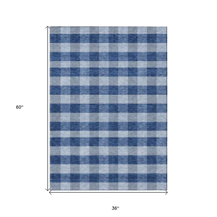 3' X 5' Navy Blue And Ivory Plaid Washable Indoor Outdoor Area Rug