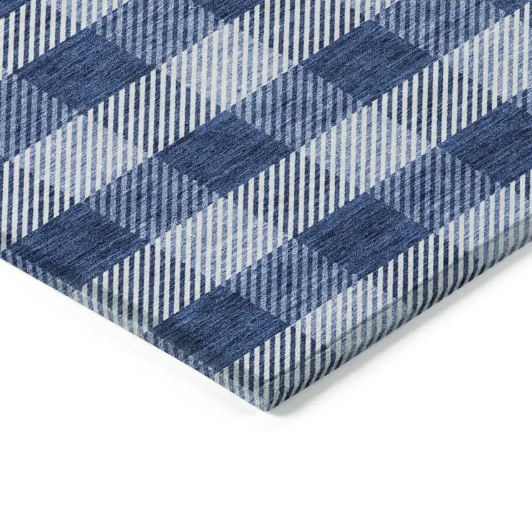 3' X 5' Navy Blue And Ivory Plaid Washable Indoor Outdoor Area Rug