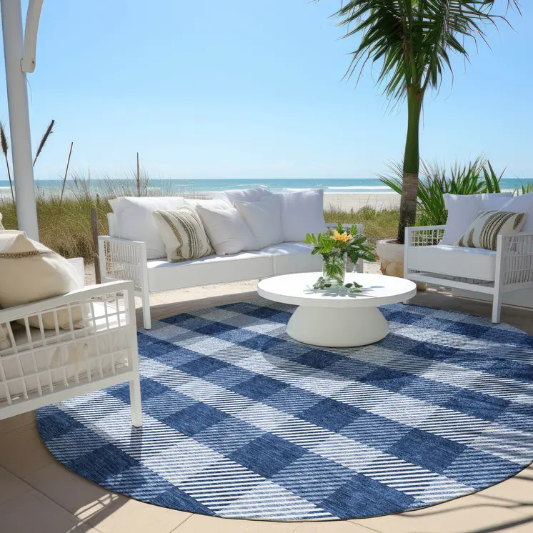 8' Navy Blue And Ivory Round Plaid Washable Indoor Outdoor Area Rug