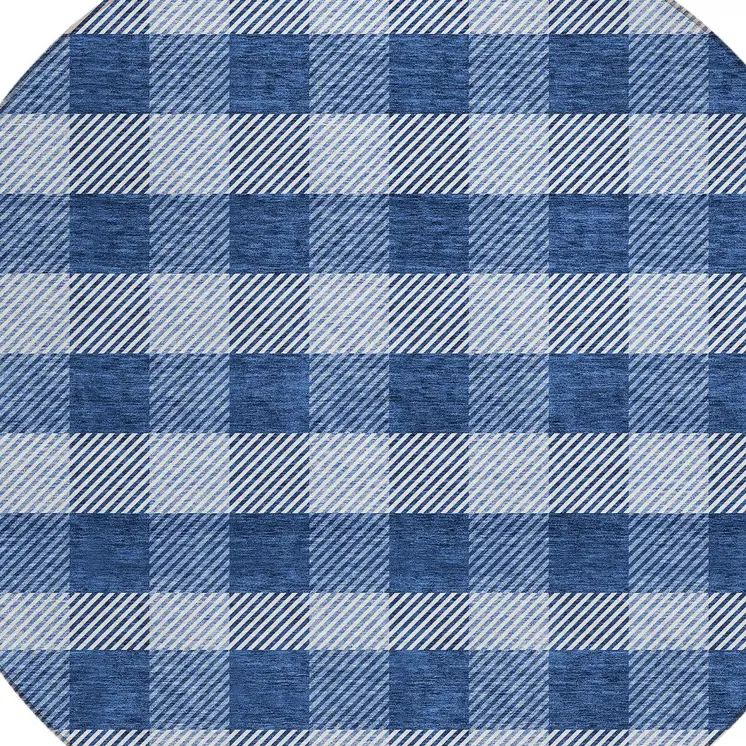8' Navy Blue And Ivory Round Plaid Washable Indoor Outdoor Area Rug