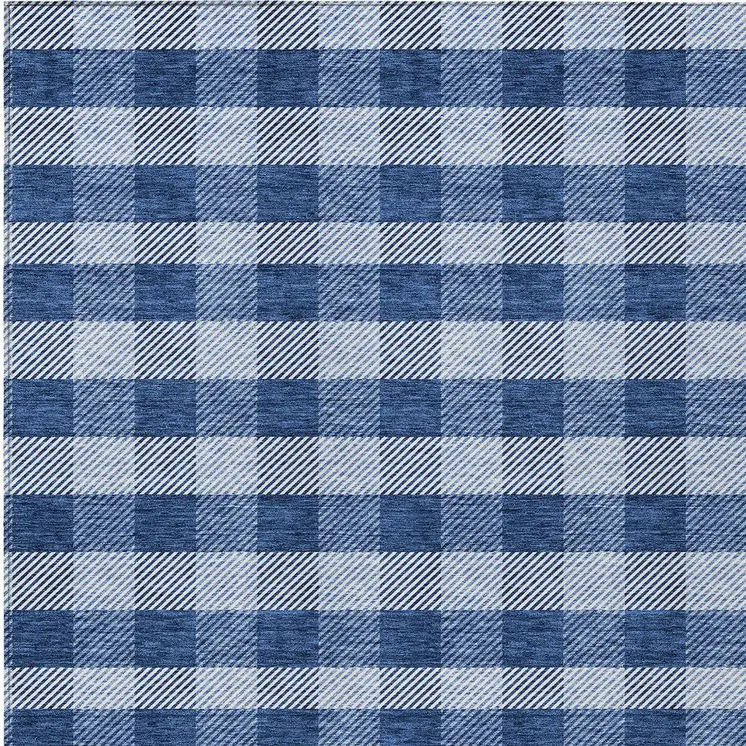 9' X 12' Navy Blue And Ivory Plaid Washable Indoor Outdoor Area Rug