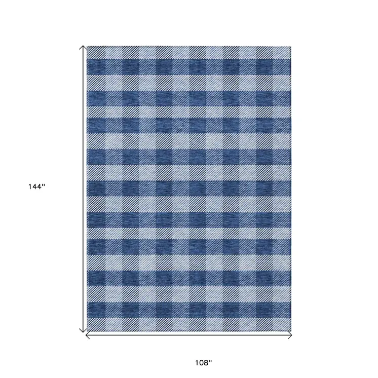 9' X 12' Navy Blue And Ivory Plaid Washable Indoor Outdoor Area Rug