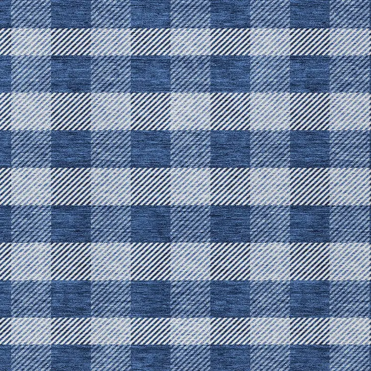 9' X 12' Navy Blue And Ivory Plaid Washable Indoor Outdoor Area Rug