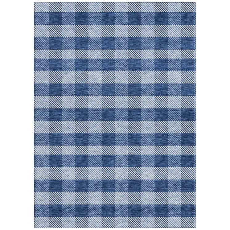 10' X 14' Navy Blue And Ivory Plaid Washable Indoor Outdoor Area Rug
