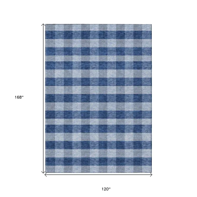 10' X 14' Navy Blue And Ivory Plaid Washable Indoor Outdoor Area Rug
