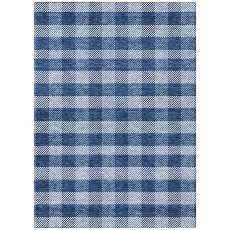 10' X 14' Navy Blue And Ivory Plaid Washable Indoor Outdoor Area Rug