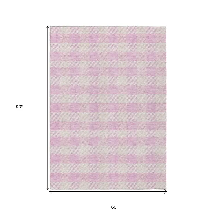 5' X 8' Pink And Gray Plaid Washable Indoor Outdoor Area Rug