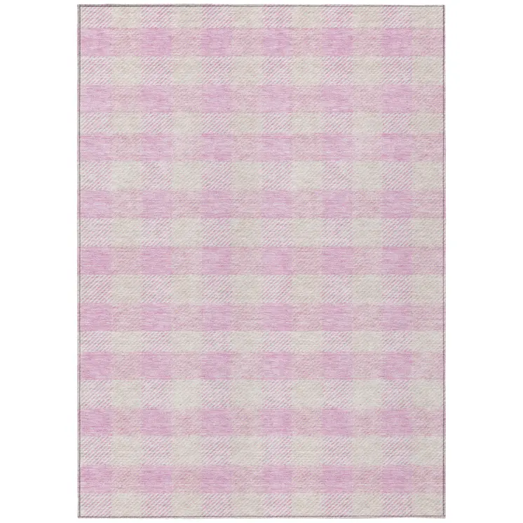 5' X 8' Pink And Gray Plaid Washable Indoor Outdoor Area Rug