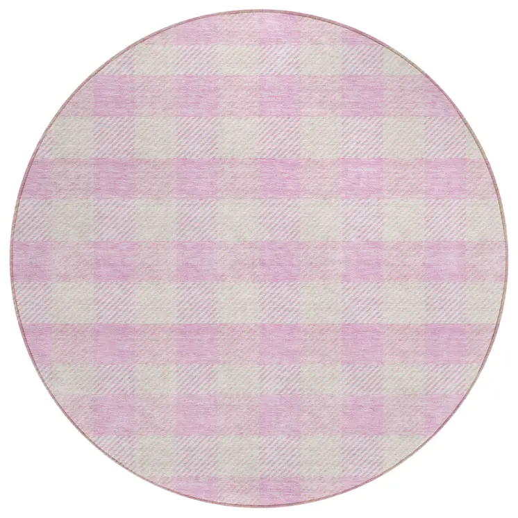 8' Pink And Gray Round Plaid Washable Indoor Outdoor Area Rug