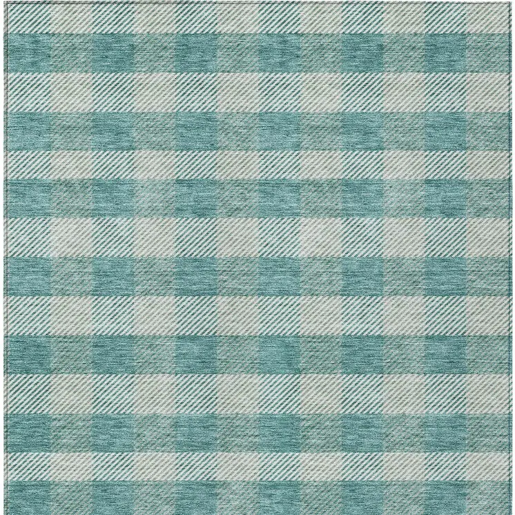 9' X 12' Teal Blue And Ivory Plaid Washable Indoor Outdoor Area Rug