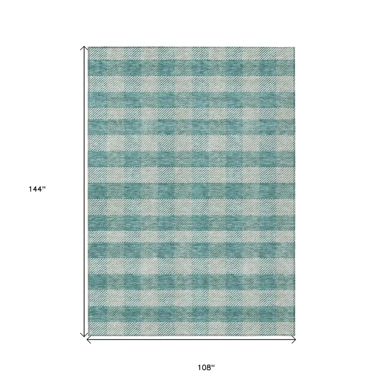 9' X 12' Teal Blue And Ivory Plaid Washable Indoor Outdoor Area Rug