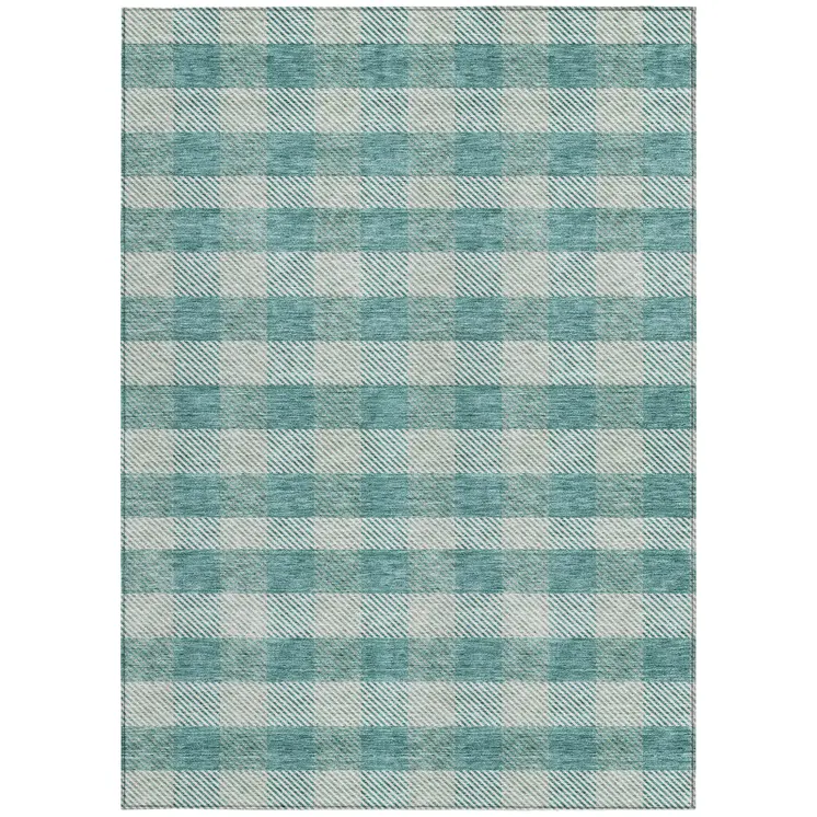 10' X 14' Teal Blue And Ivory Plaid Washable Indoor Outdoor Area Rug