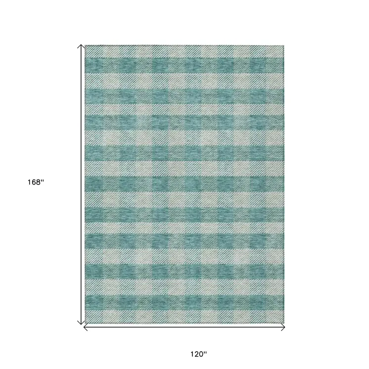 10' X 14' Teal Blue And Ivory Plaid Washable Indoor Outdoor Area Rug