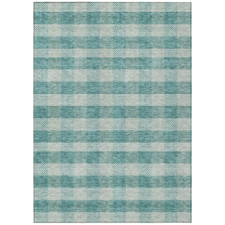 10' X 14' Teal Blue And Ivory Plaid Washable Indoor Outdoor Area Rug