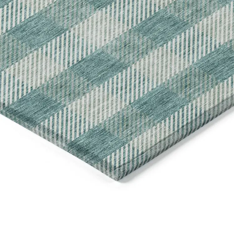 10' X 14' Teal Blue And Ivory Plaid Washable Indoor Outdoor Area Rug