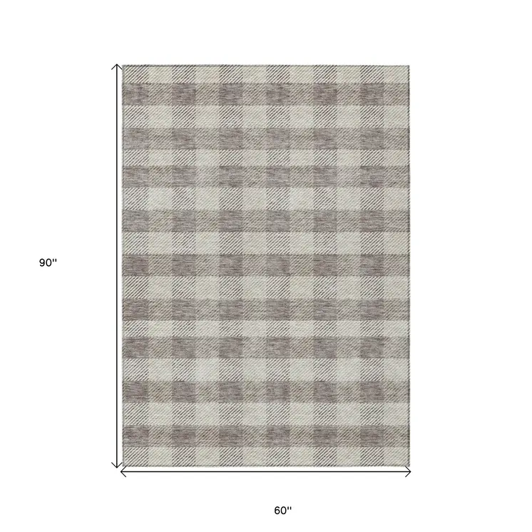 5' X 8' Taupe And Gray Plaid Washable Indoor Outdoor Area Rug
