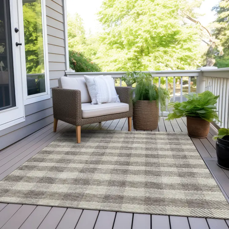 5' X 8' Taupe And Gray Plaid Washable Indoor Outdoor Area Rug