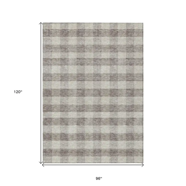 8' X 10' Taupe And Gray Plaid Washable Indoor Outdoor Area Rug