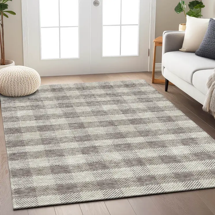 8' X 10' Taupe And Gray Plaid Washable Indoor Outdoor Area Rug