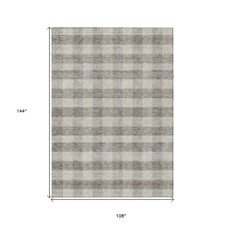 9' X 12' Taupe And Gray Plaid Washable Indoor Outdoor Area Rug